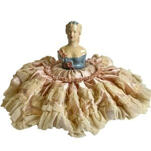 Porcelain Half Doll Vintage Pink Lace Skirt Pincushion Sewing